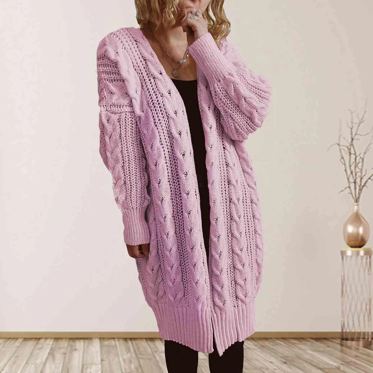 Cozy Flair Open Front Long Cable Knit Cardigan