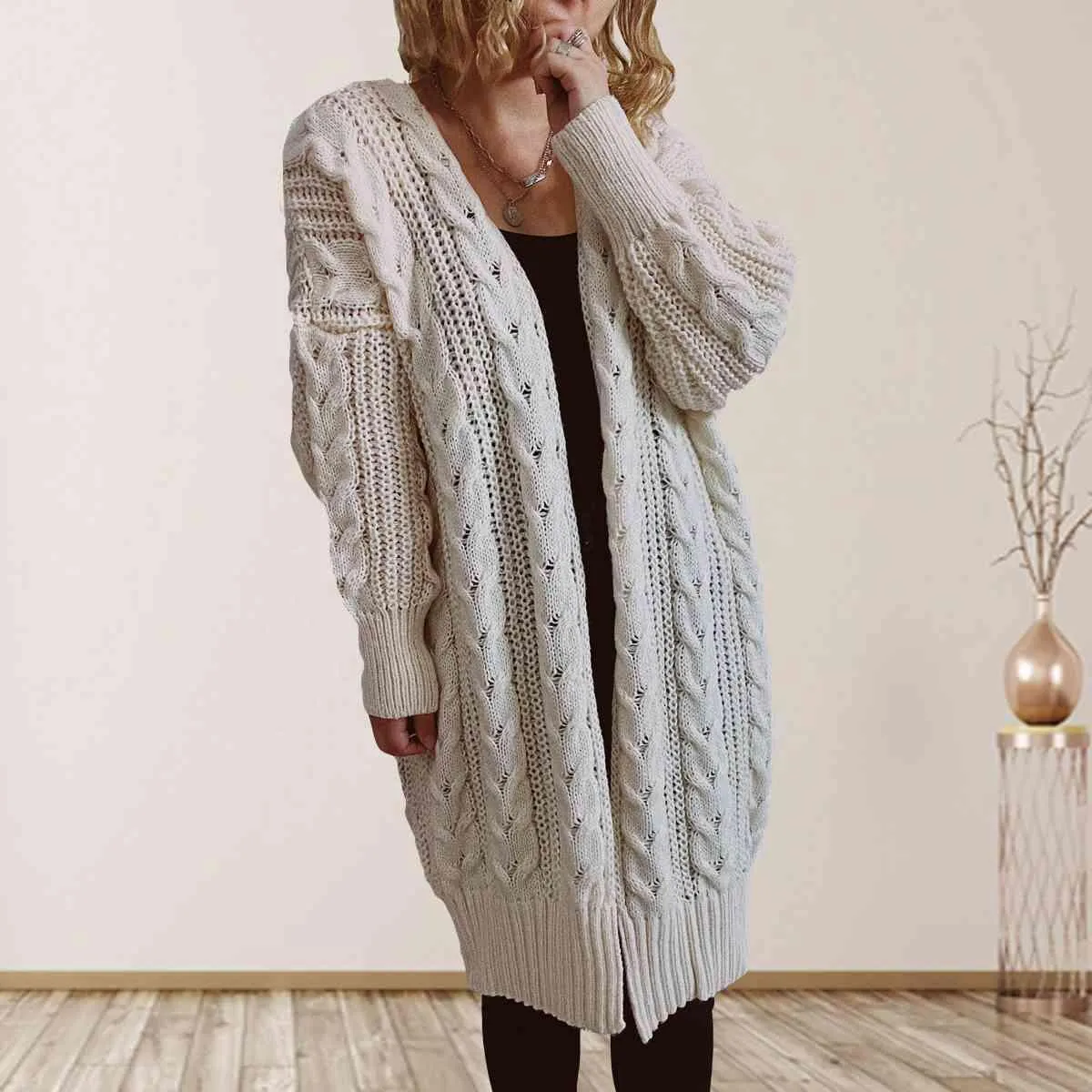 Cozy Flair Open Front Long Cable Knit Cardigan