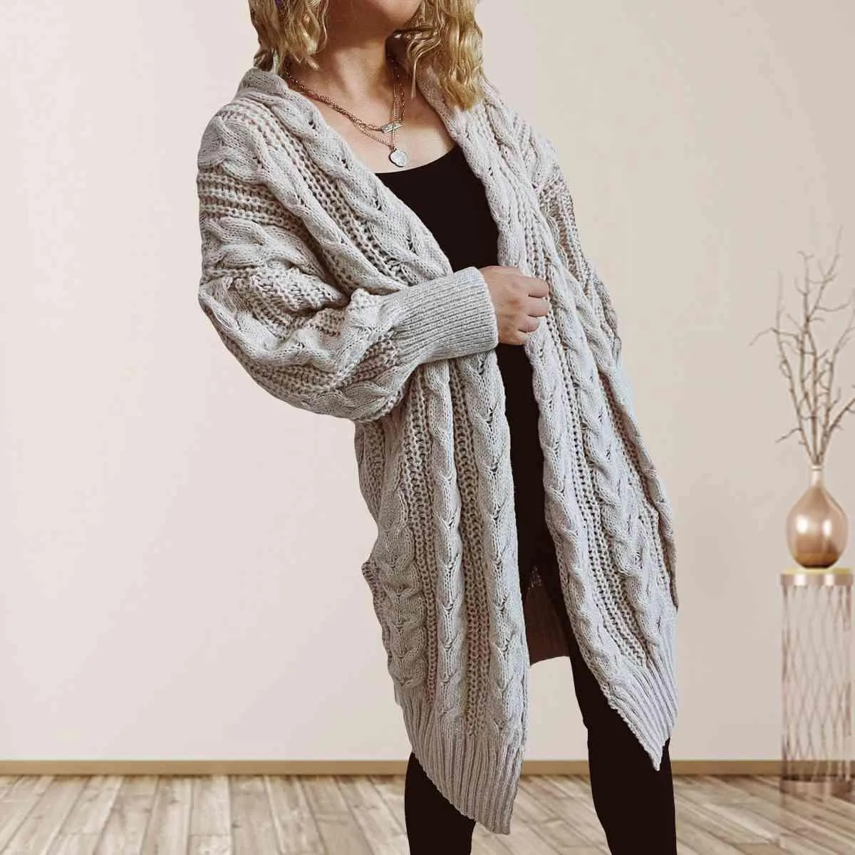 Cozy Flair Open Front Long Cable Knit Cardigan
