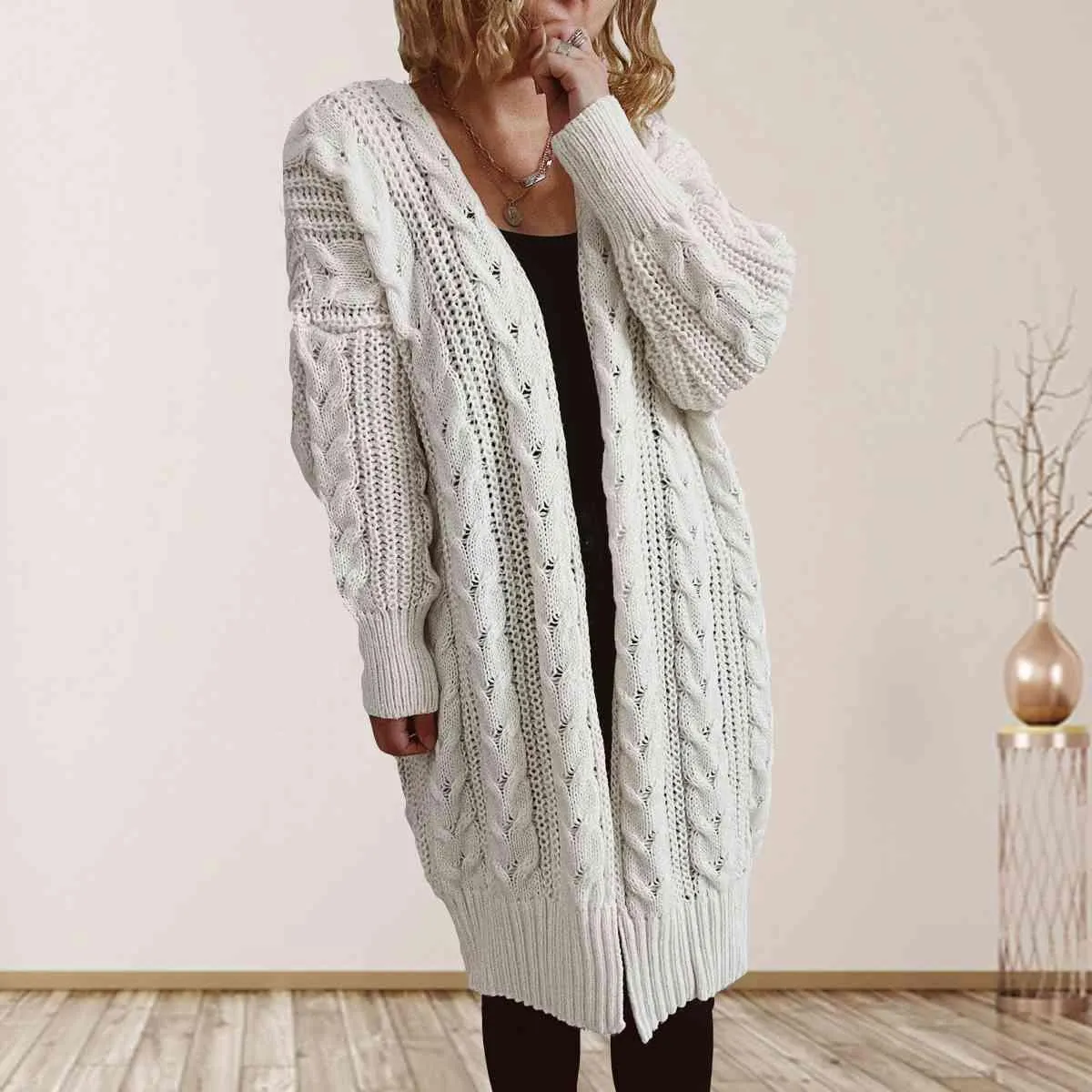 Cozy Flair Open Front Long Cable Knit Cardigan