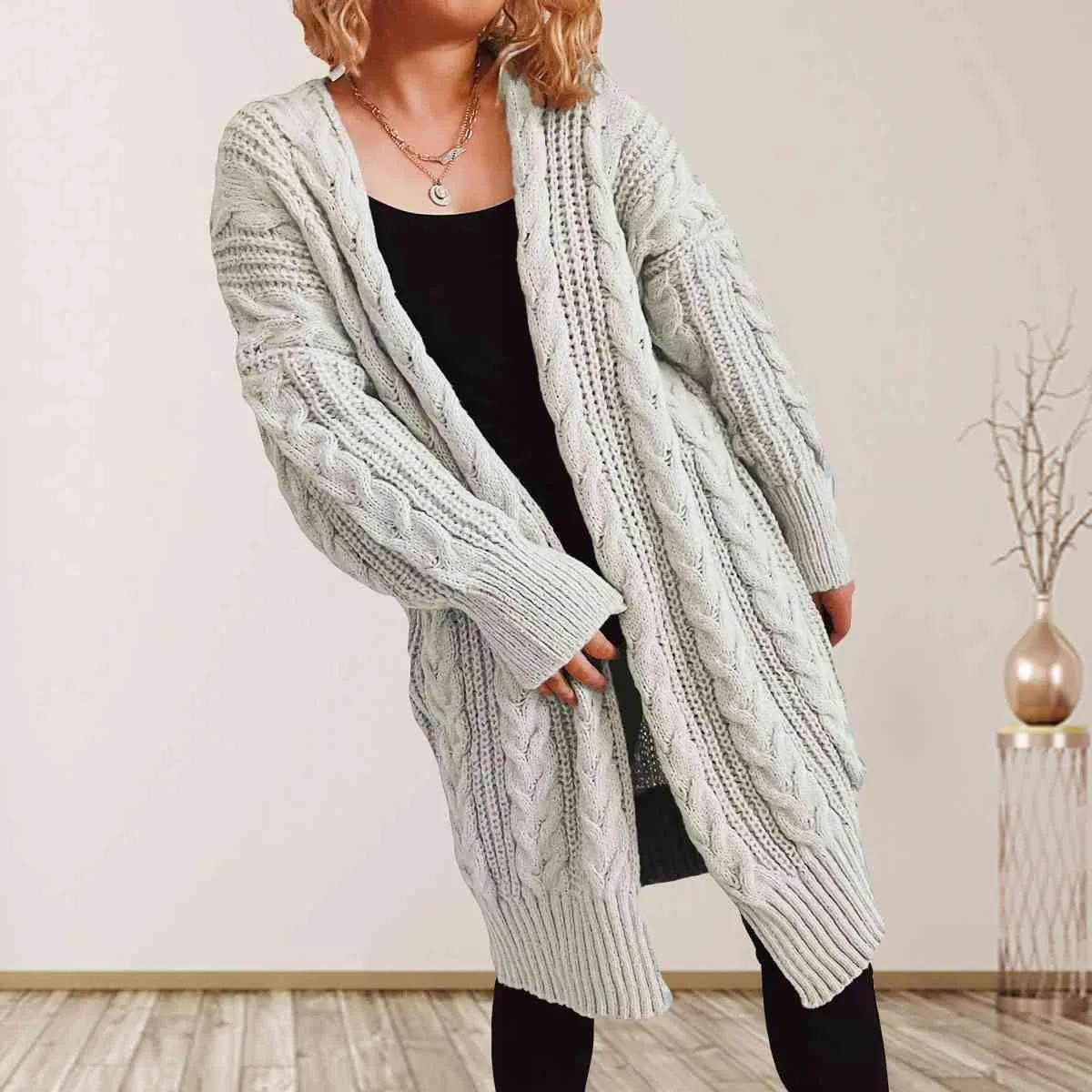 Cozy Flair Open Front Long Cable Knit Cardigan