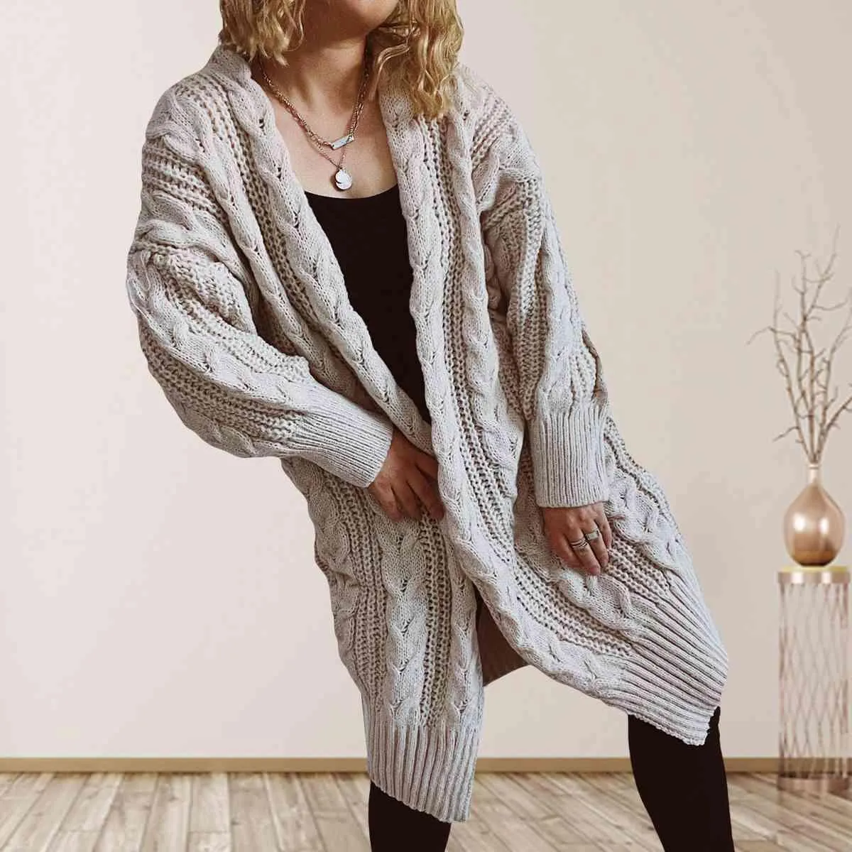 Cozy Flair Open Front Long Cable Knit Cardigan
