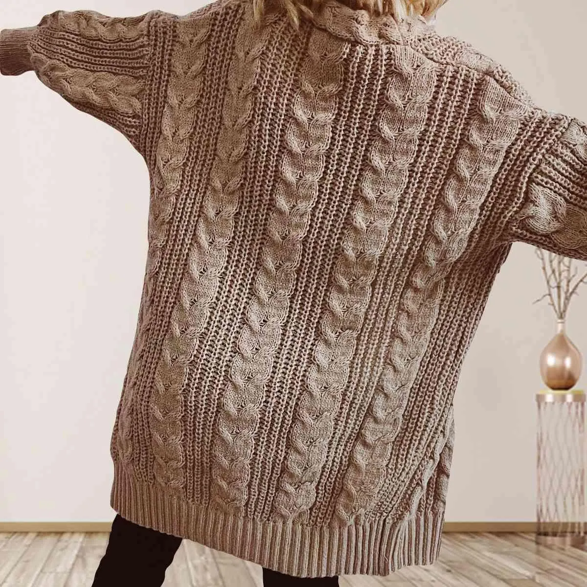 Cozy Flair Open Front Long Cable Knit Cardigan