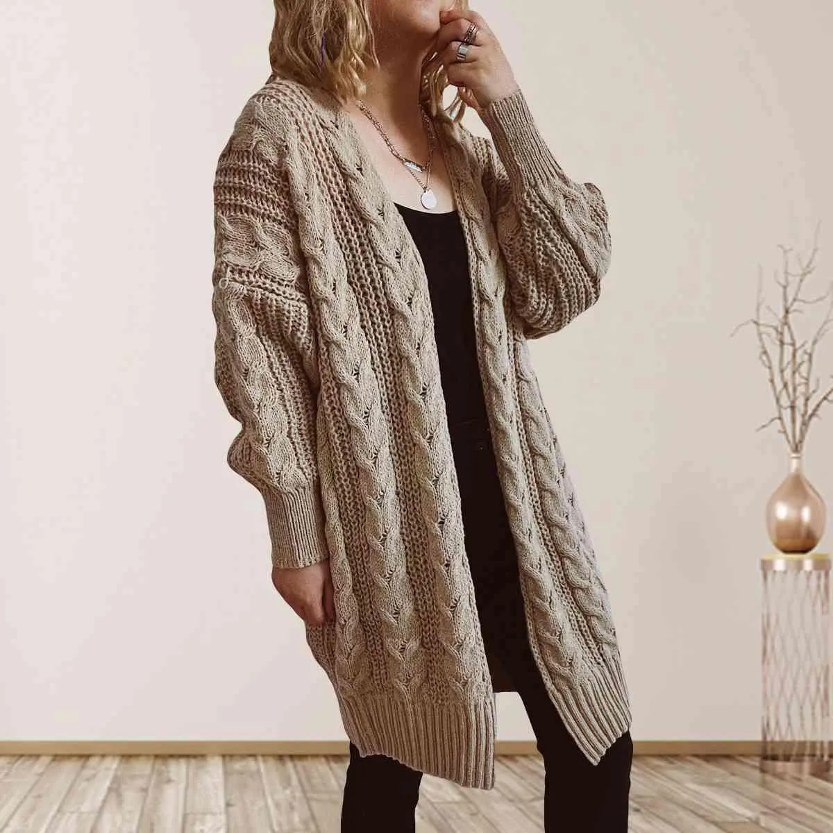 Cozy Flair Open Front Long Cable Knit Cardigan