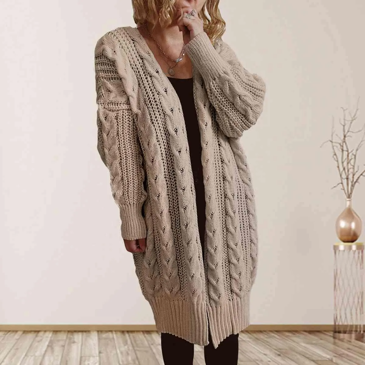 Cozy Flair Open Front Long Cable Knit Cardigan