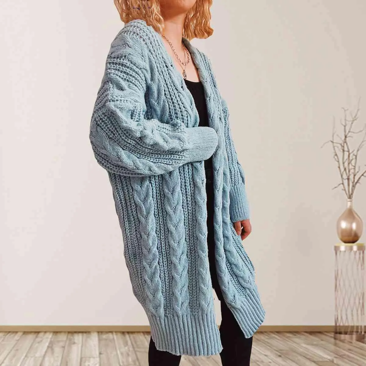 Cozy Flair Open Front Long Cable Knit Cardigan