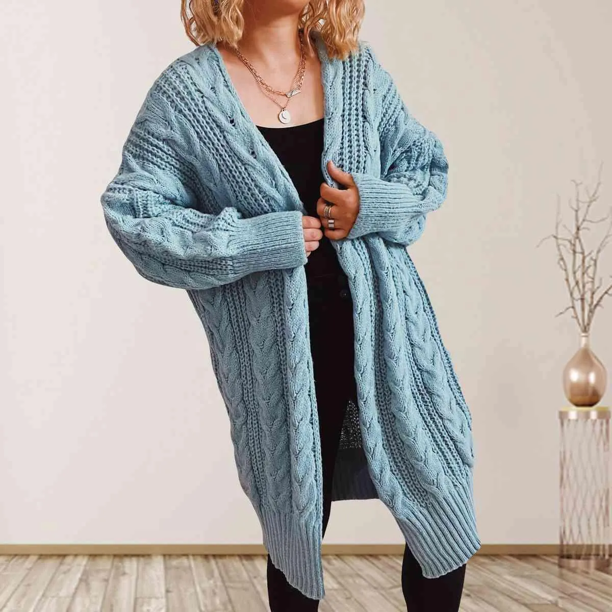Cozy Flair Open Front Long Cable Knit Cardigan