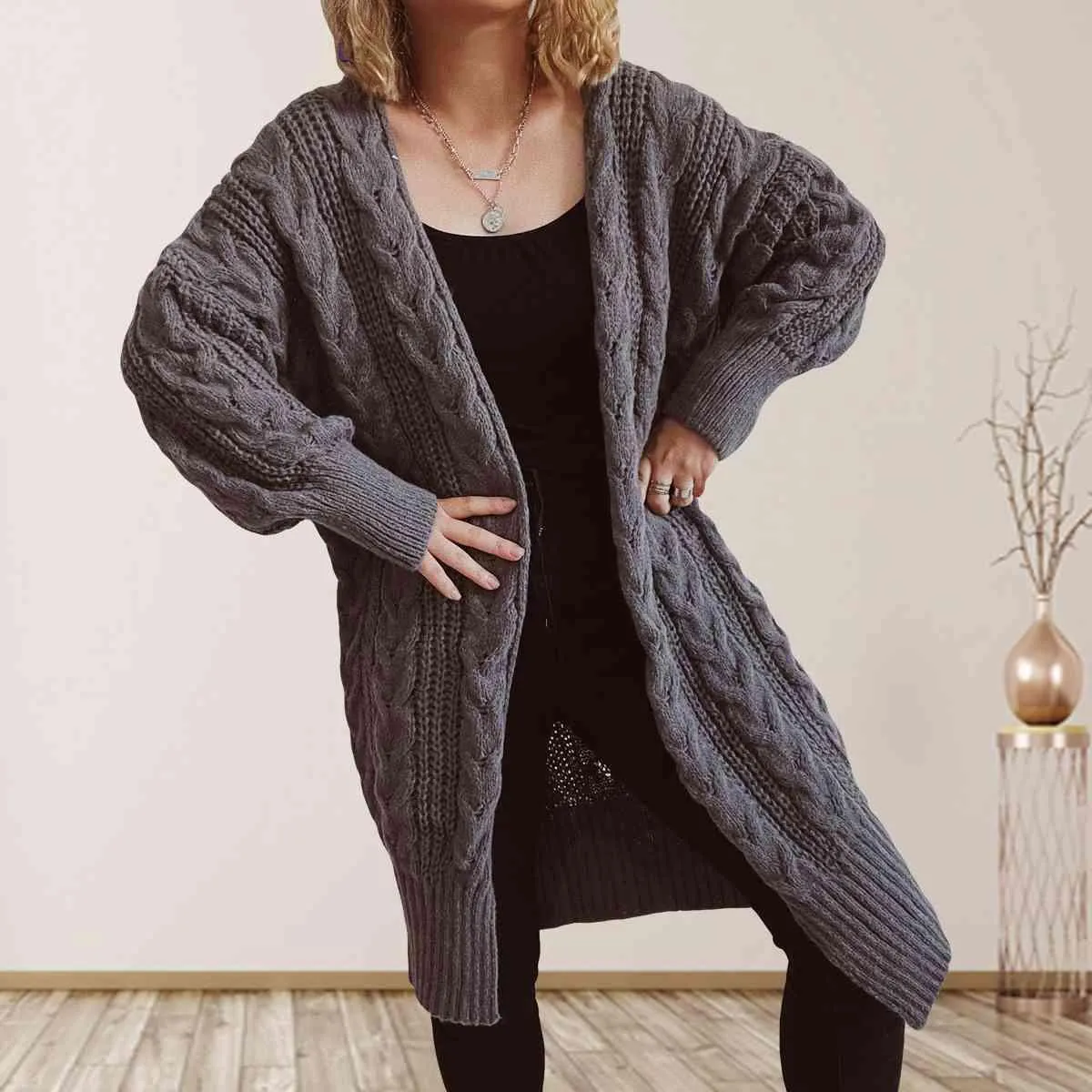 Cozy Flair Open Front Long Cable Knit Cardigan