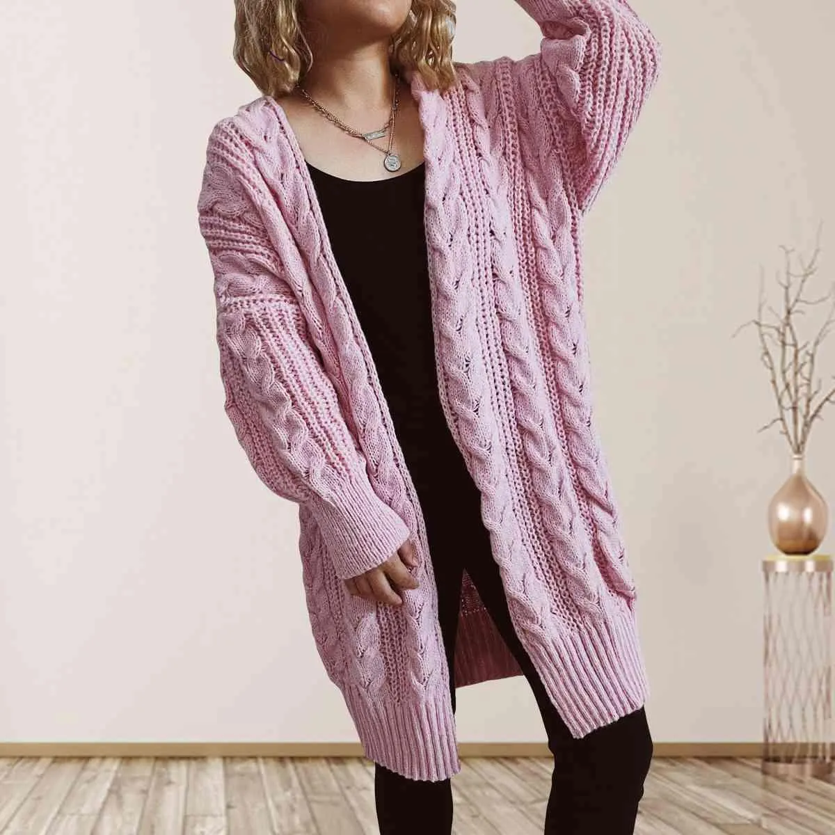 Cozy Flair Open Front Long Cable Knit Cardigan
