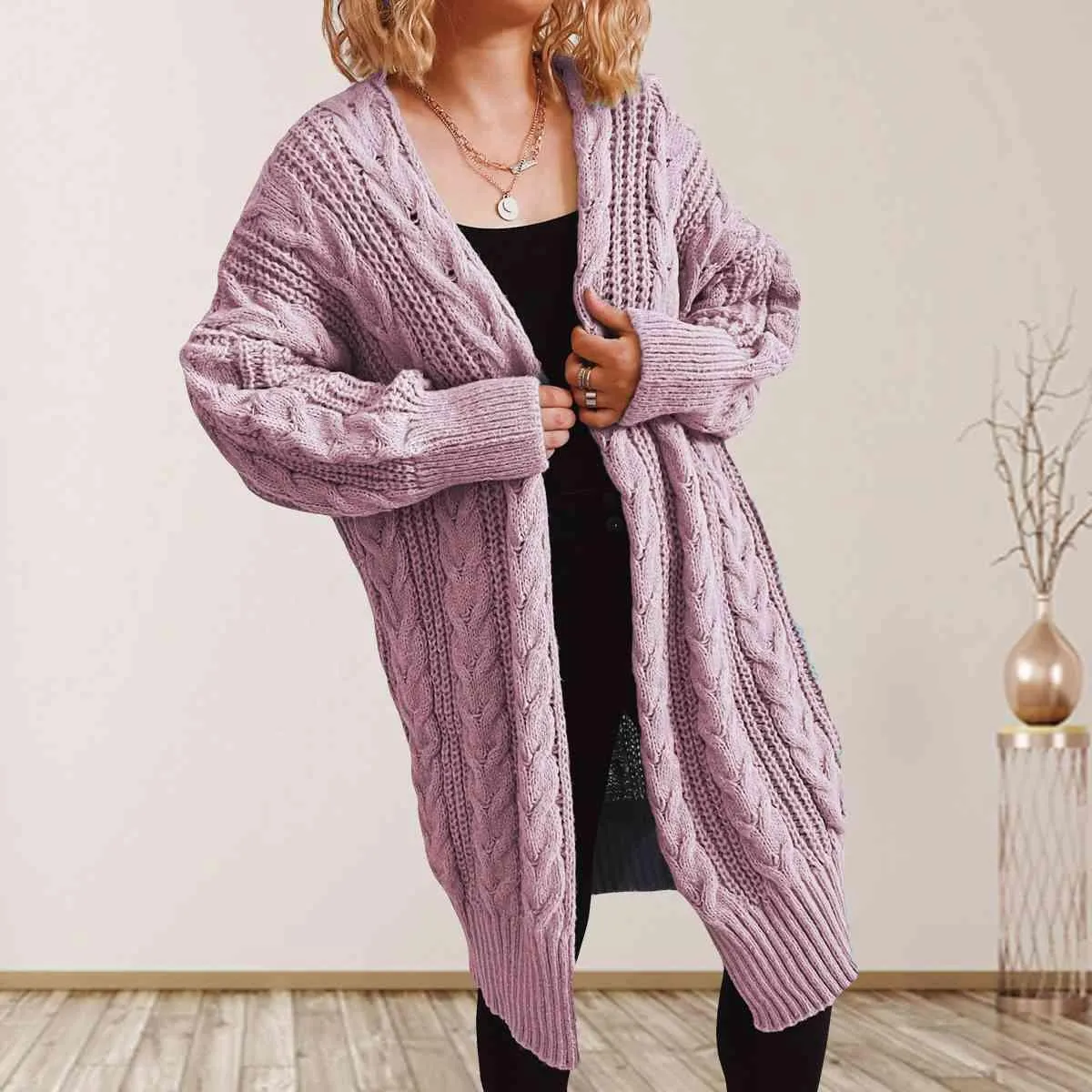 Cozy Flair Open Front Long Cable Knit Cardigan