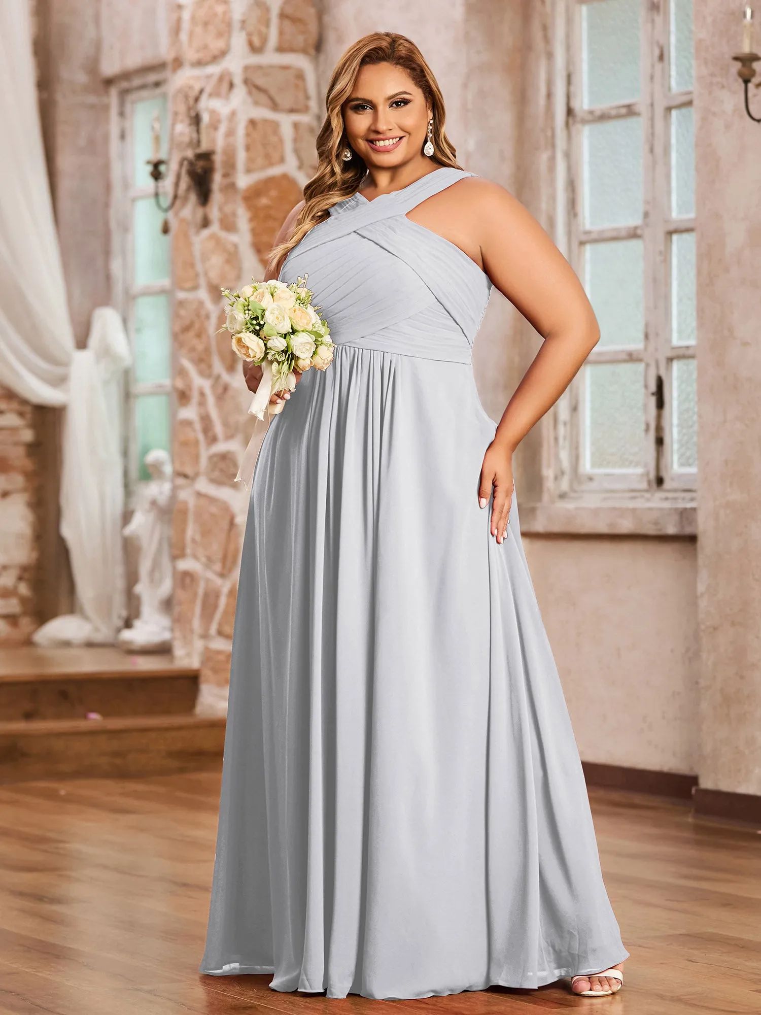 Cross Shoulder Strap Chiffon Dress with Empire Waist Silver Plus Size