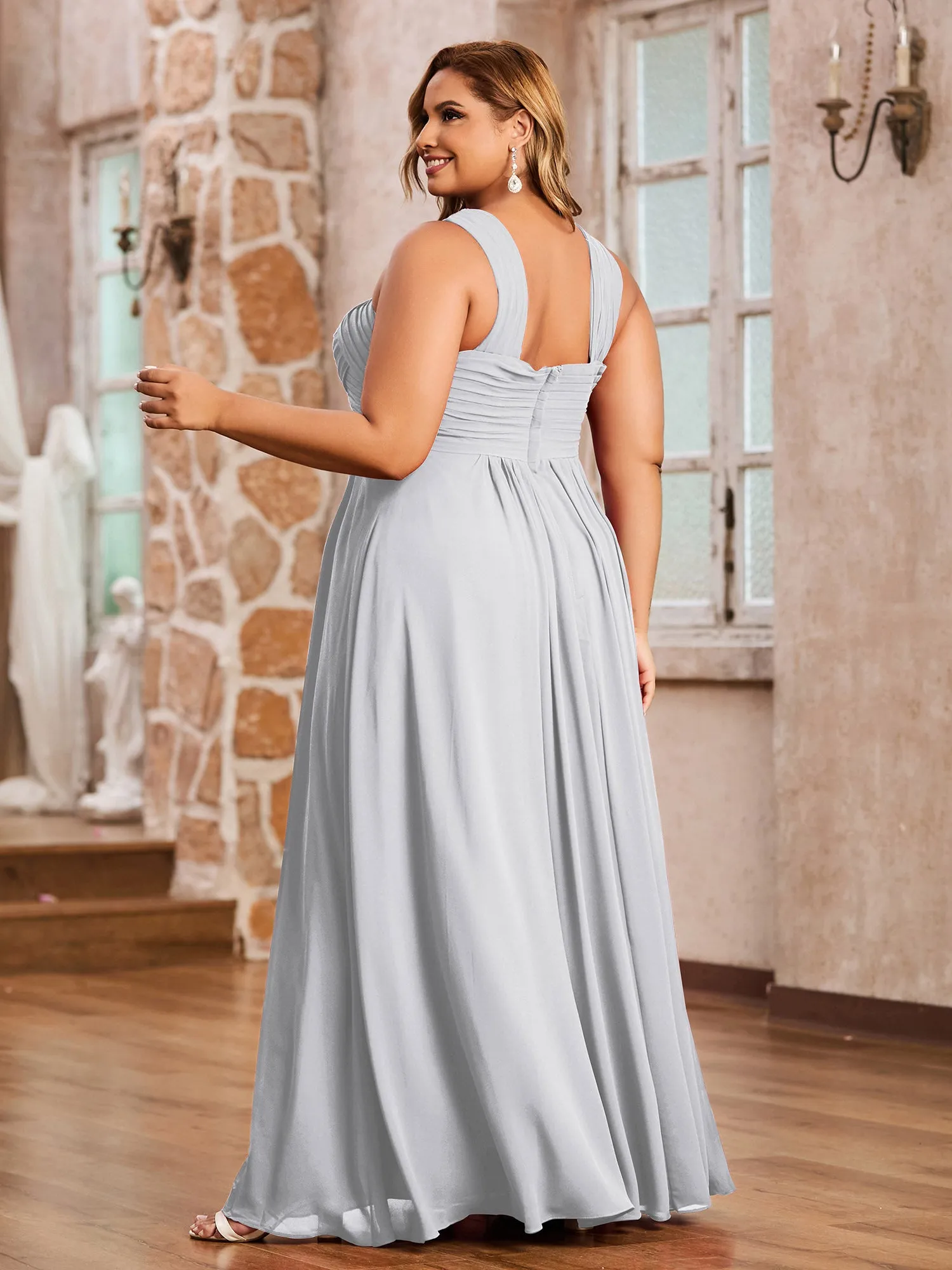 Cross Shoulder Strap Chiffon Dress with Empire Waist Silver Plus Size