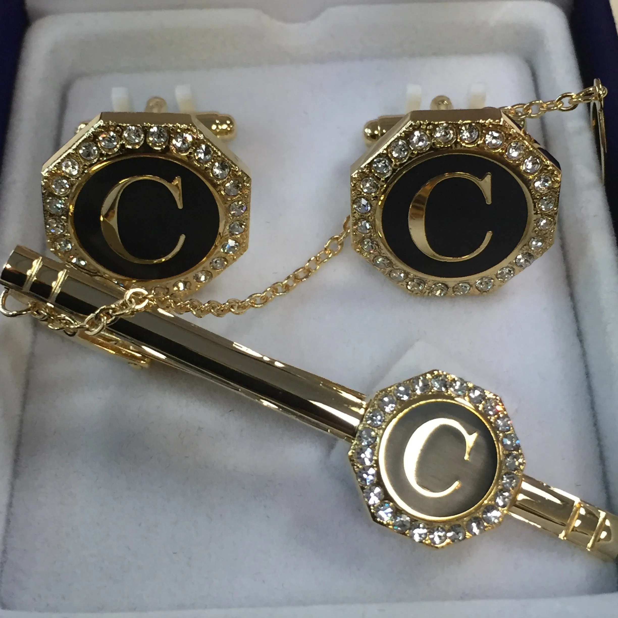 Cufflinks with Tie Clip - Initials-Gold