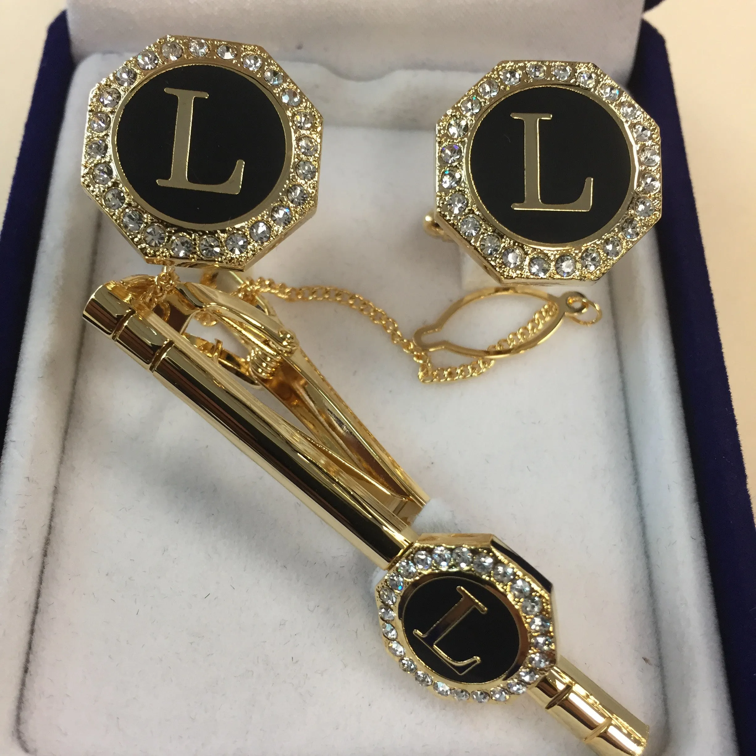 Cufflinks with Tie Clip - Initials-Gold