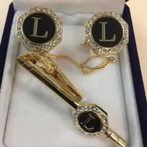 Cufflinks with Tie Clip - Initials-Gold