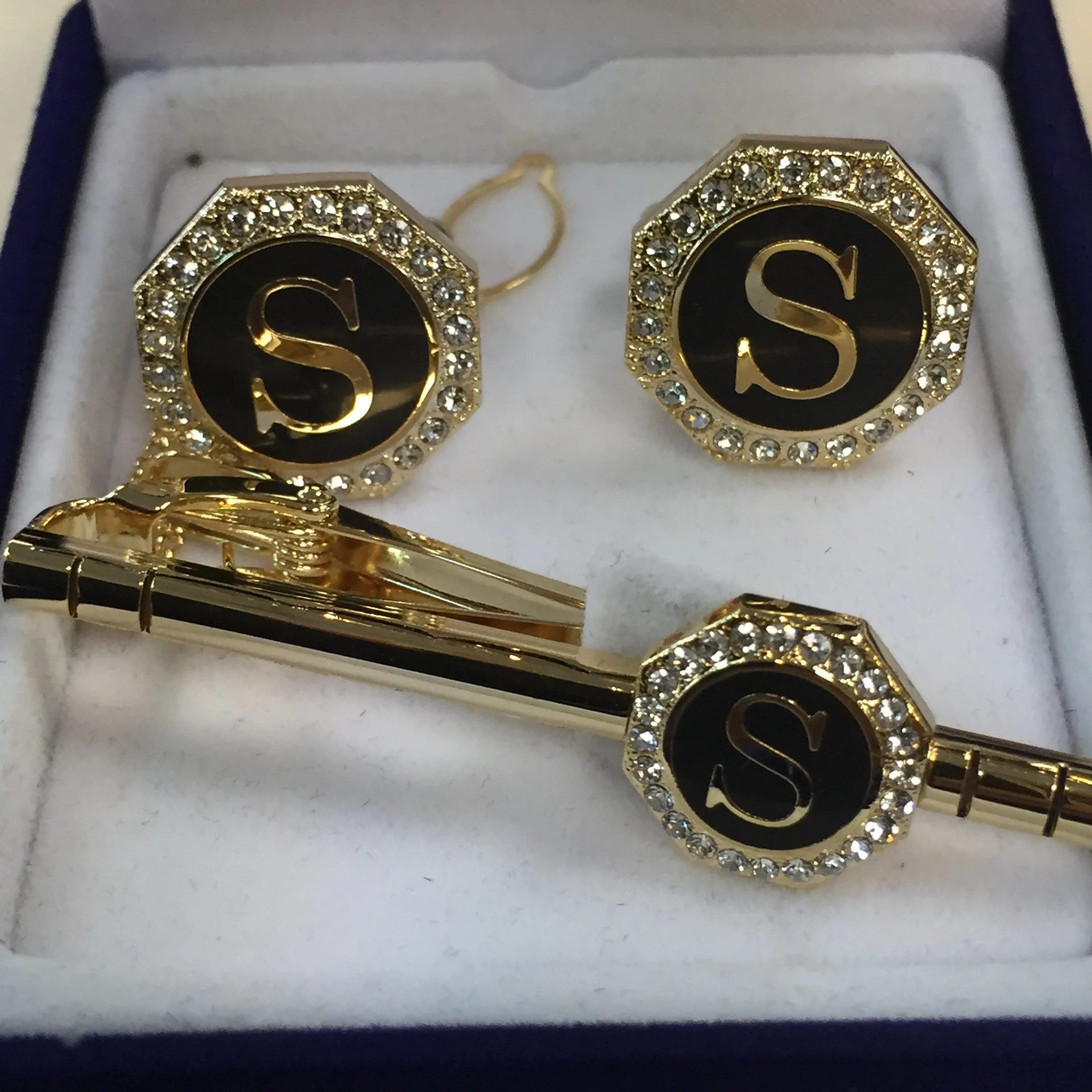 Cufflinks with Tie Clip - Initials-Gold