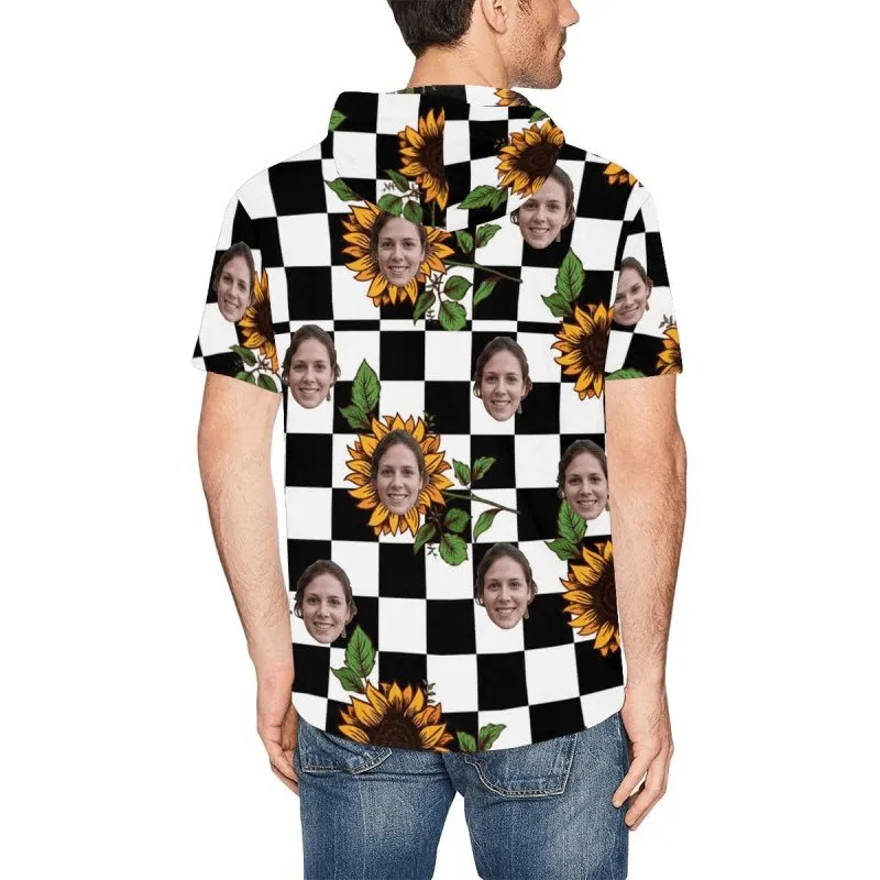 Custom Face Black&White Grid Sunflower Short Sleeve Hoodie Men's Custom Face Loose Hoodie Personalized Hooded Pullover