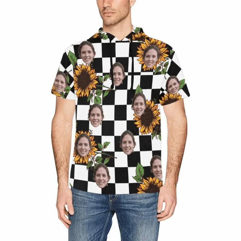 Custom Face Black&White Grid Sunflower Short Sleeve Hoodie Men's Custom Face Loose Hoodie Personalized Hooded Pullover