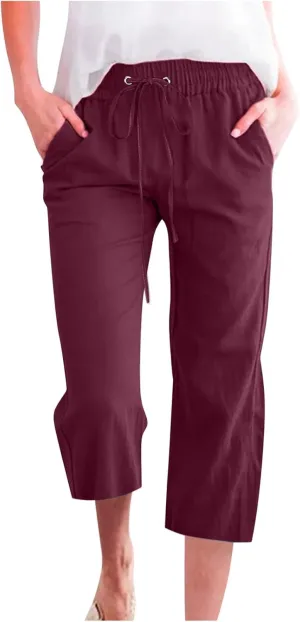 DDAPJ pyju Capri Pants for Women Plus Size Casual Drawstring High Waist Linen Pants Straight Leg Cropped Trouser with Pockets