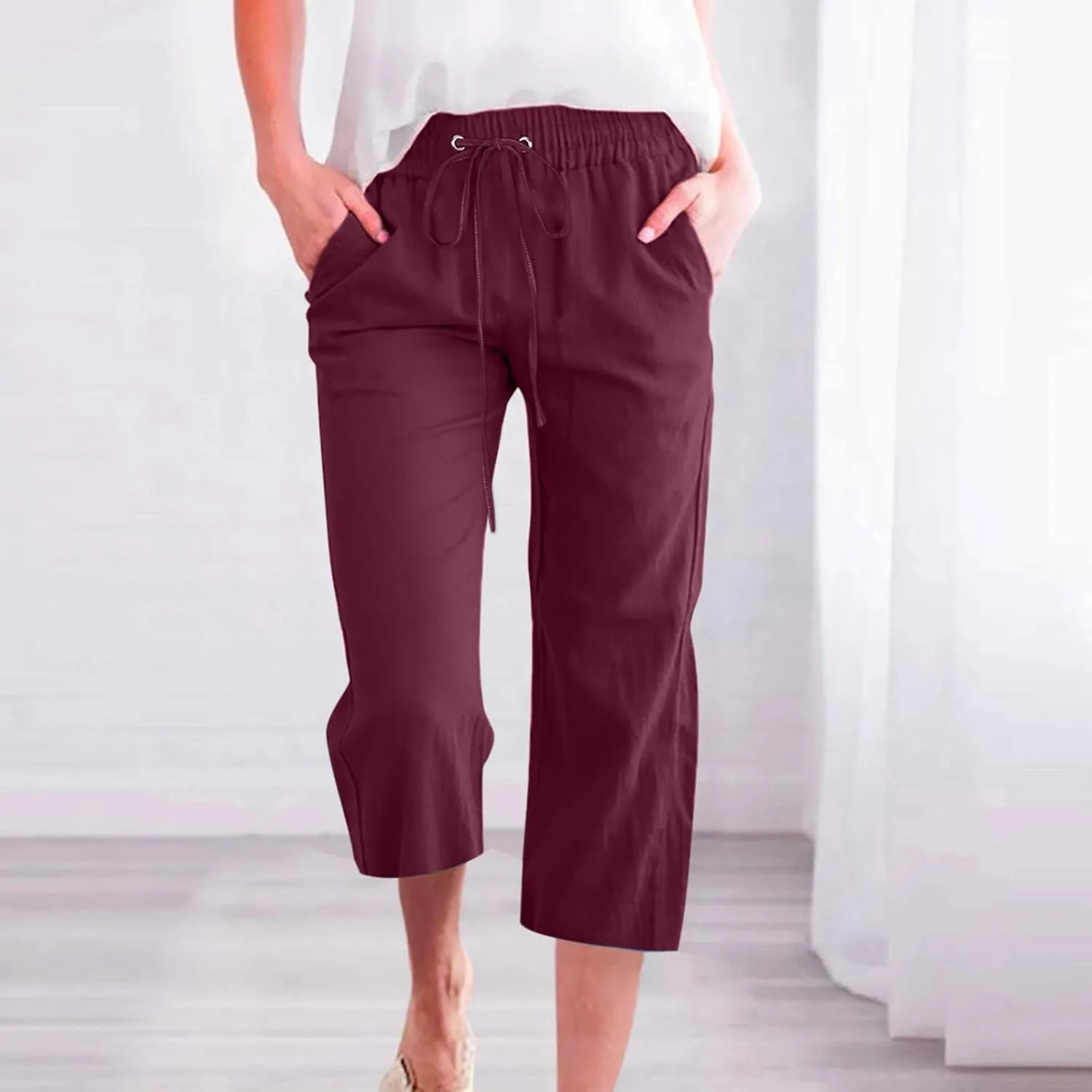 DDAPJ pyju Capri Pants for Women Plus Size Casual Drawstring High Waist Linen Pants Straight Leg Cropped Trouser with Pockets