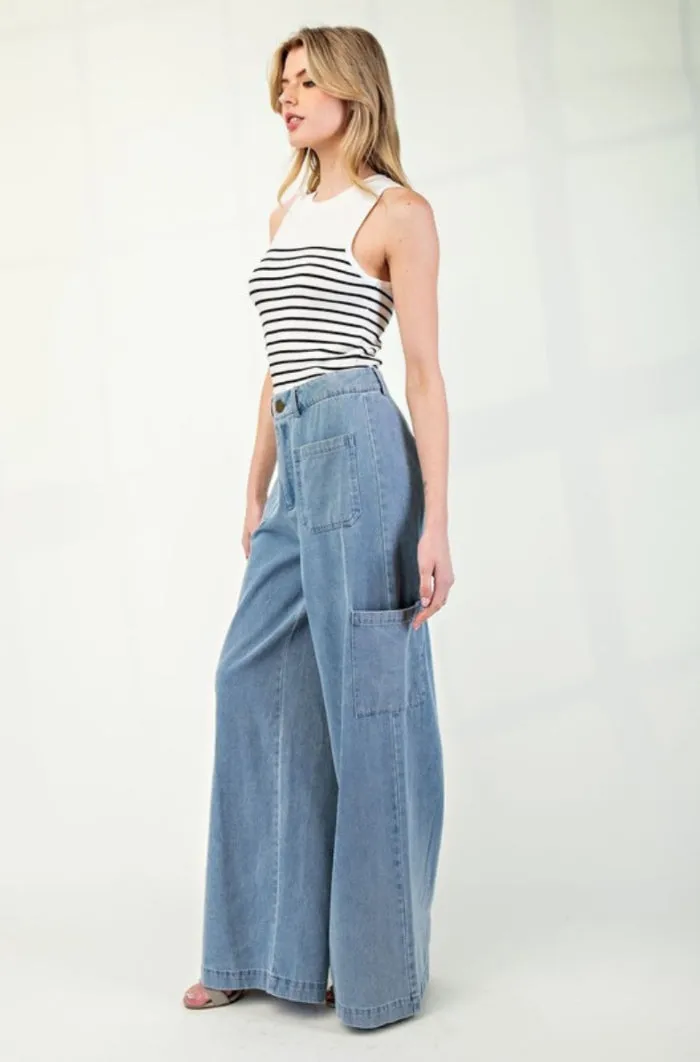 Denim Cargo Straight Leg Pants