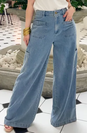 Denim Cargo Straight Leg Pants