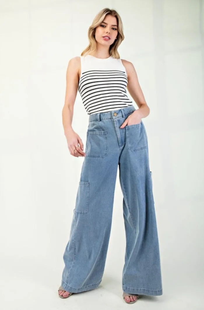 Denim Cargo Straight Leg Pants