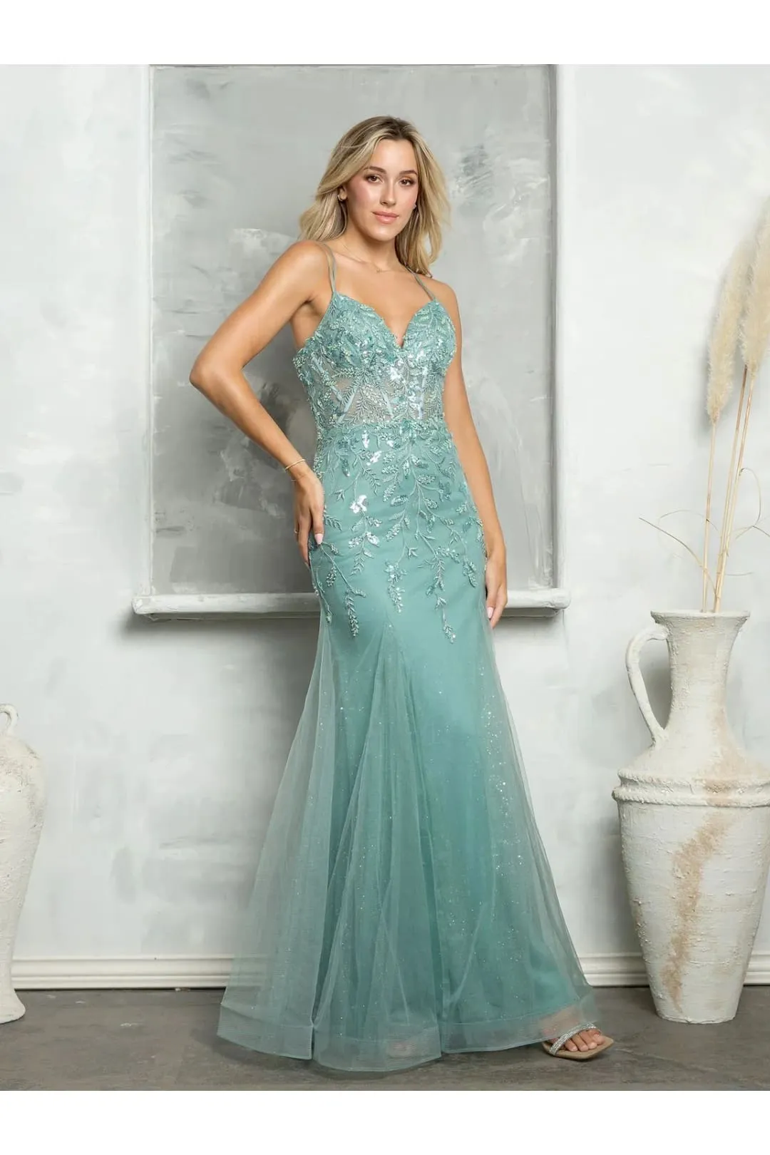 Eva USA 5257 Long Fitted Beaded Sequin Formal Prom Dress