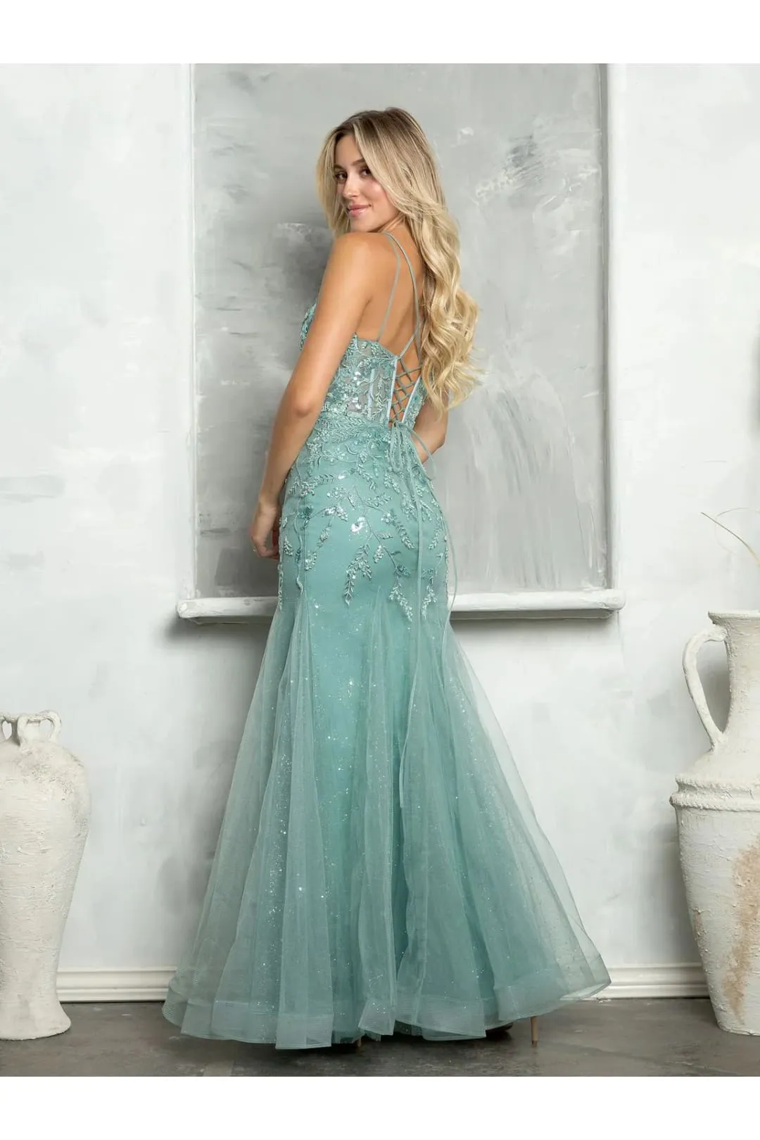 Eva USA 5257 Long Fitted Beaded Sequin Formal Prom Dress