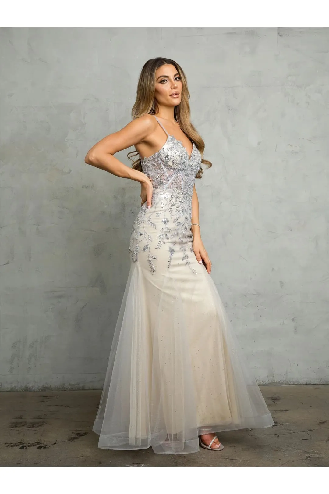 Eva USA 5257 Long Fitted Beaded Sequin Formal Prom Dress