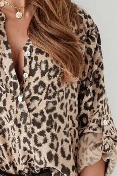 Explore More Collection - Leopard Button Detail Notched Long Sleeve Blouse