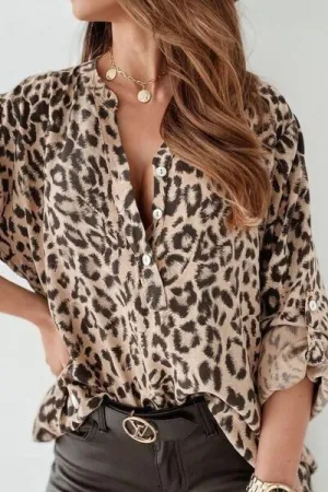Explore More Collection - Leopard Button Detail Notched Long Sleeve Blouse