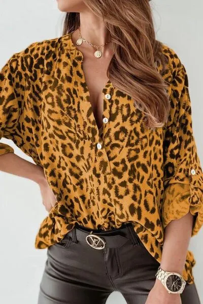 Explore More Collection - Leopard Button Detail Notched Long Sleeve Blouse