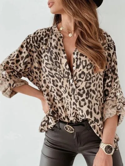 Explore More Collection - Leopard Button Detail Notched Long Sleeve Blouse