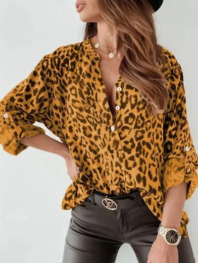 Explore More Collection - Leopard Button Detail Notched Long Sleeve Blouse