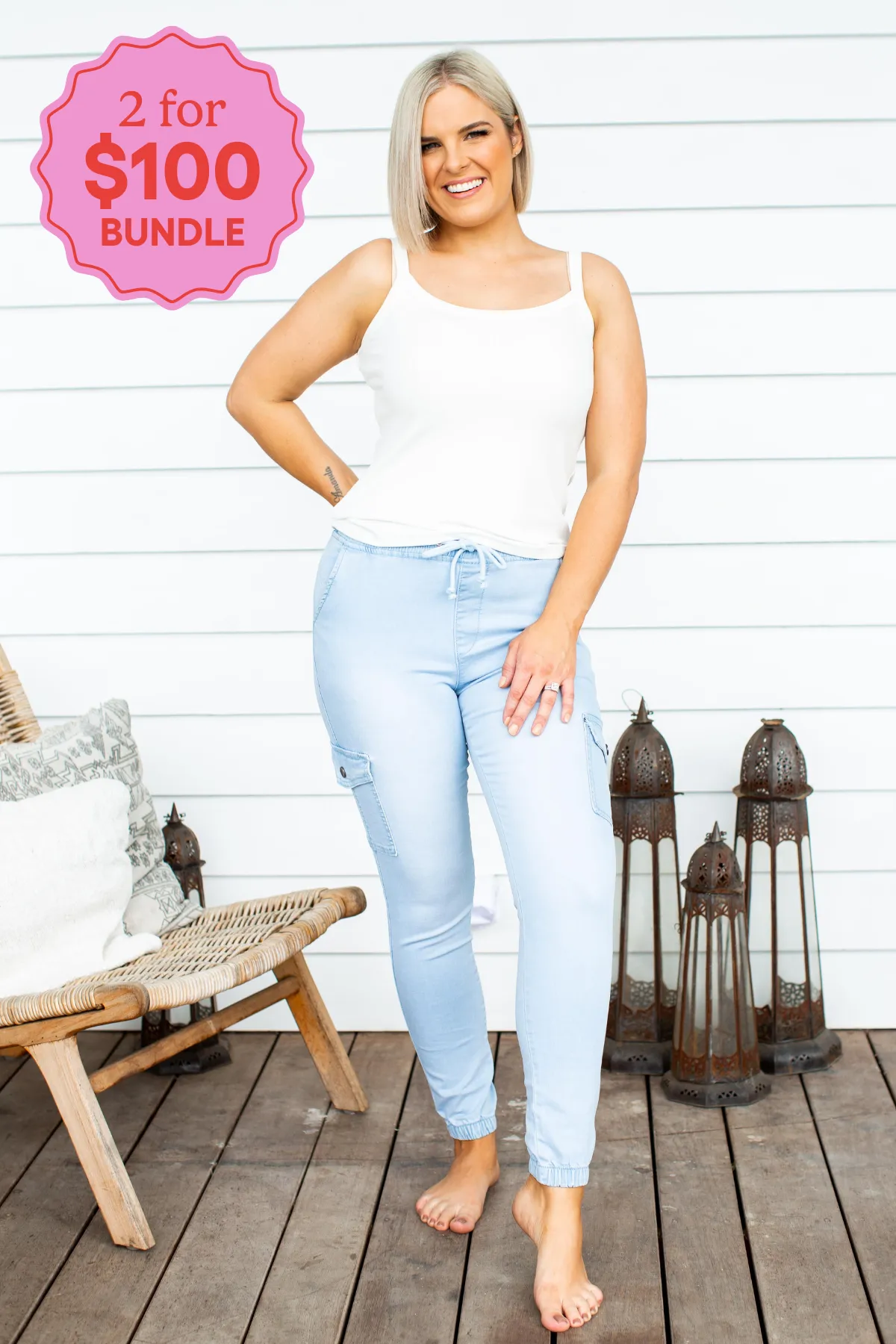 Florence Denim Joggers in Light Blue