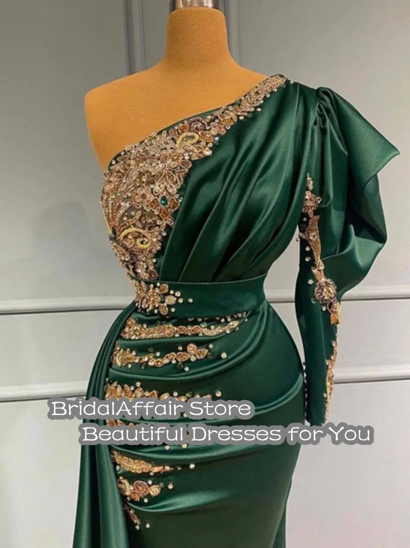 Gbolsos Chic Mermaid PromDress One Shoulder Beaded Lace Long Sleeves Green Satin Arabic Muslim Formal Party Dresses