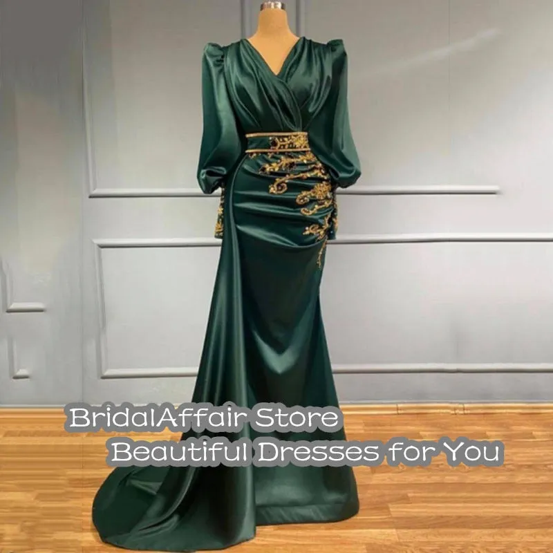 Gbolsos Chic Mermaid PromDress One Shoulder Beaded Lace Long Sleeves Green Satin Arabic Muslim Formal Party Dresses