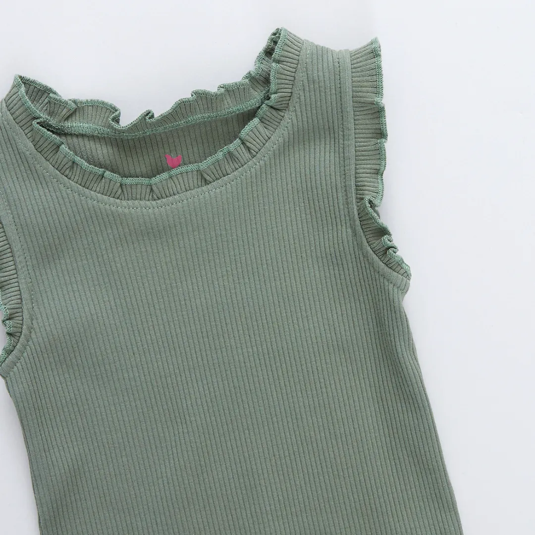 Girls Organic Ruffle Rib Tank - Leaf Green
