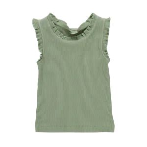 Girls Organic Ruffle Rib Tank - Leaf Green
