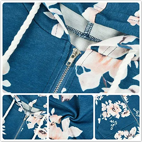 Go Yonder Womens Zip Up Hoodies Jacket Casual Pockets Floral Tops Tie Dye Sweatshirt Blue S