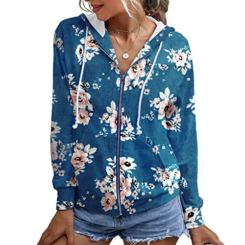 Go Yonder Womens Zip Up Hoodies Jacket Casual Pockets Floral Tops Tie Dye Sweatshirt Blue S