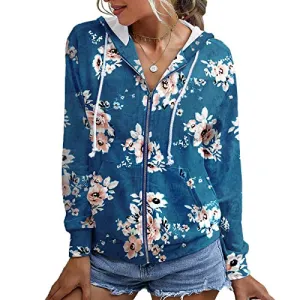 Go Yonder Womens Zip Up Hoodies Jacket Casual Pockets Floral Tops Tie Dye Sweatshirt Blue S
