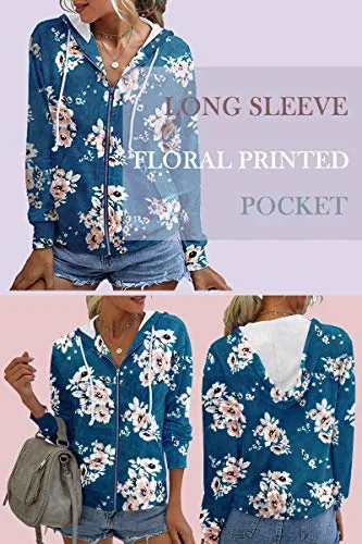 Go Yonder Womens Zip Up Hoodies Jacket Casual Pockets Floral Tops Tie Dye Sweatshirt Blue S