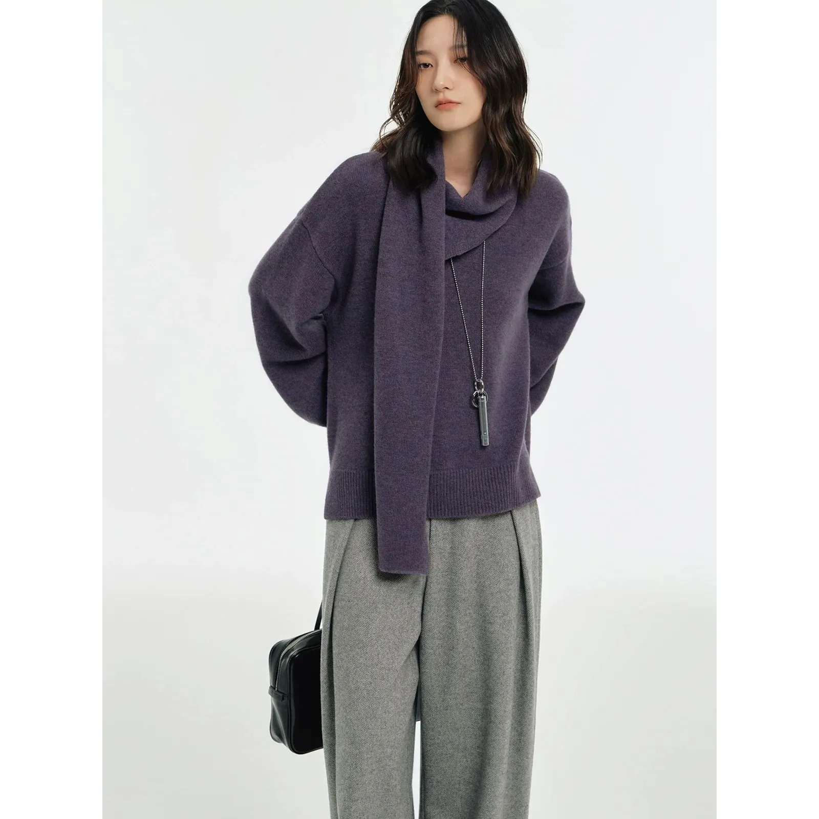 High Neck Knitted Sweater with Scarf