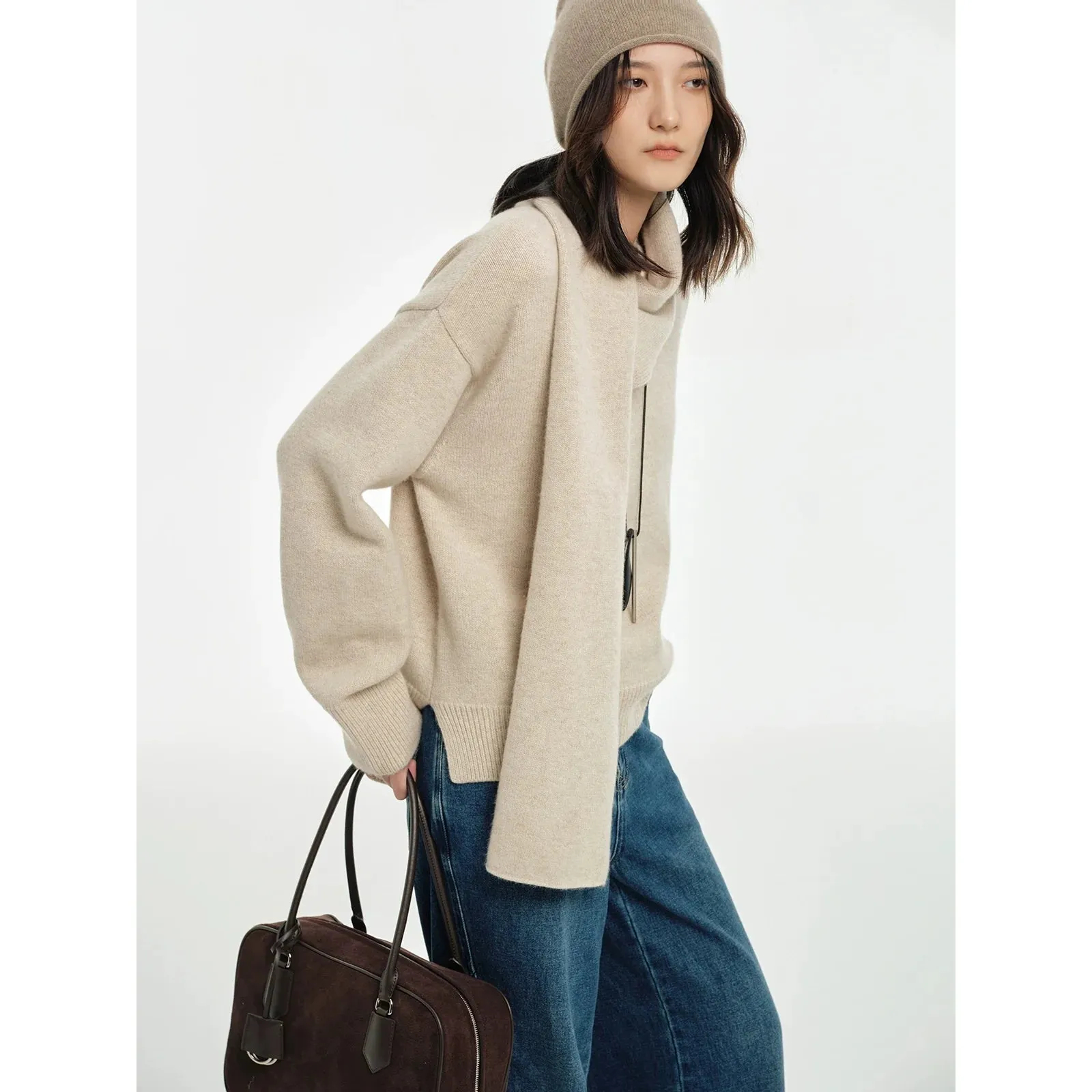 High Neck Knitted Sweater with Scarf