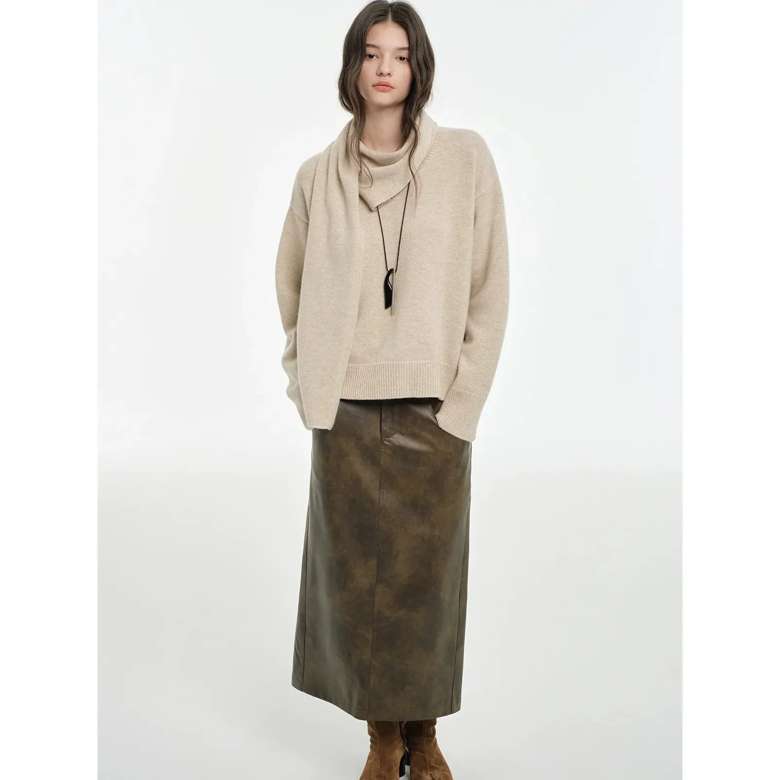 High Neck Knitted Sweater with Scarf