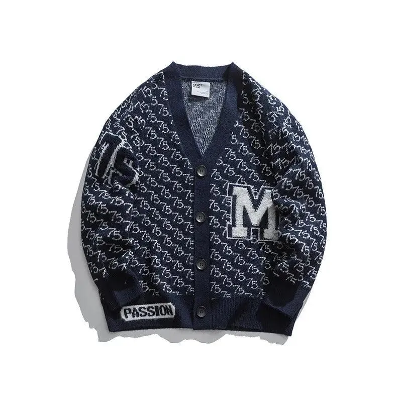 Jacquard Letter V-Neck Fashion Cardigan Sweater