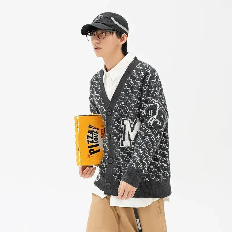 Jacquard Letter V-Neck Fashion Cardigan Sweater