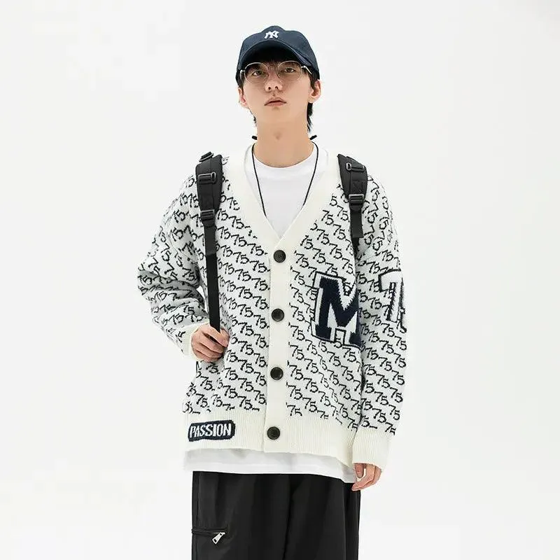 Jacquard Letter V-Neck Fashion Cardigan Sweater